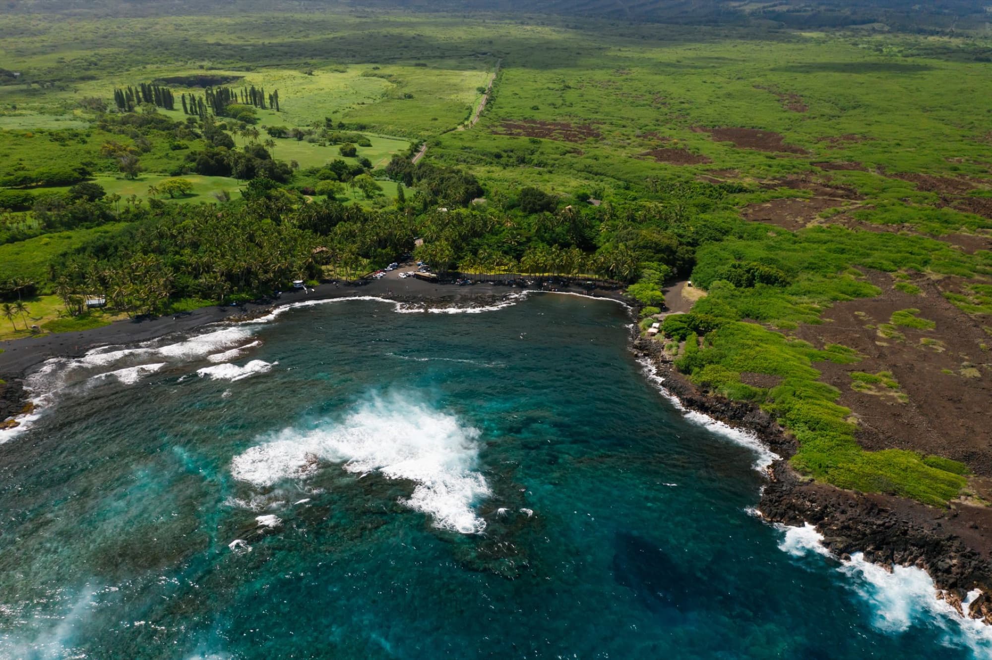 A stunning aerial view of a green coastline meeting a vibrant blue ocean, showcasing natural beauty.