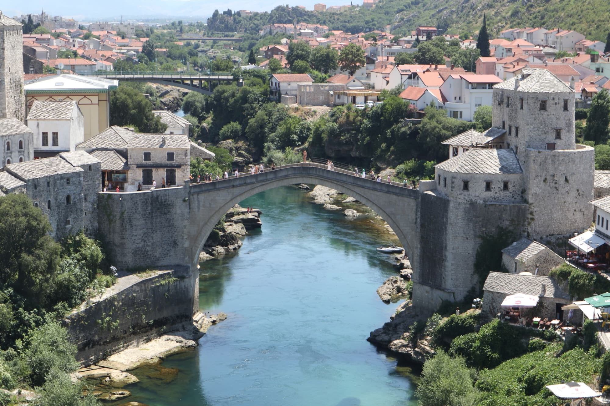 Aerial view of the historic Mostar Bridge over the river in Mostar, Bosnia and Herzegovina.