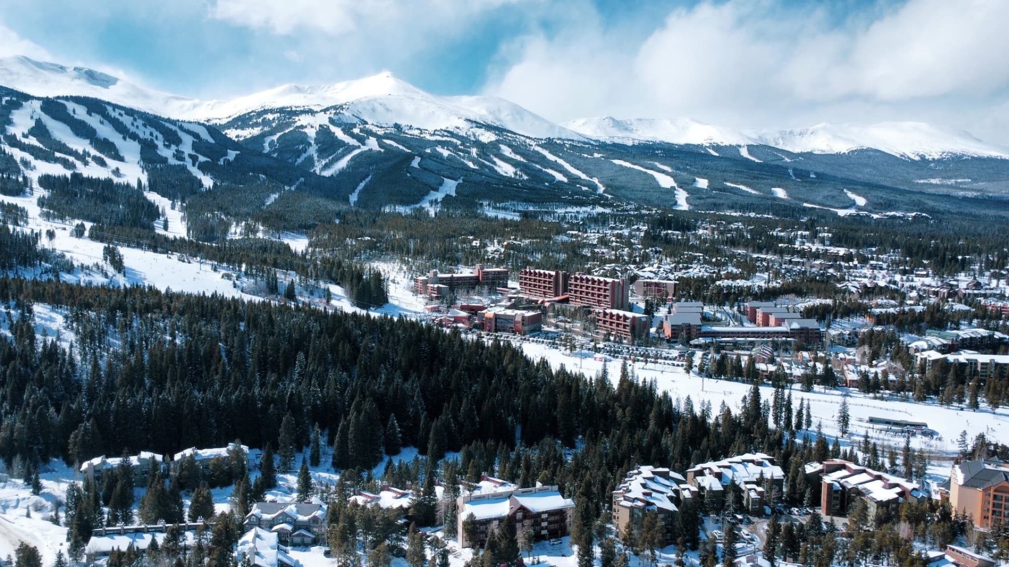 A stunning aerial view of Breckenridge, Colorado, showcasing snow-covered mountains and a winter landscape.