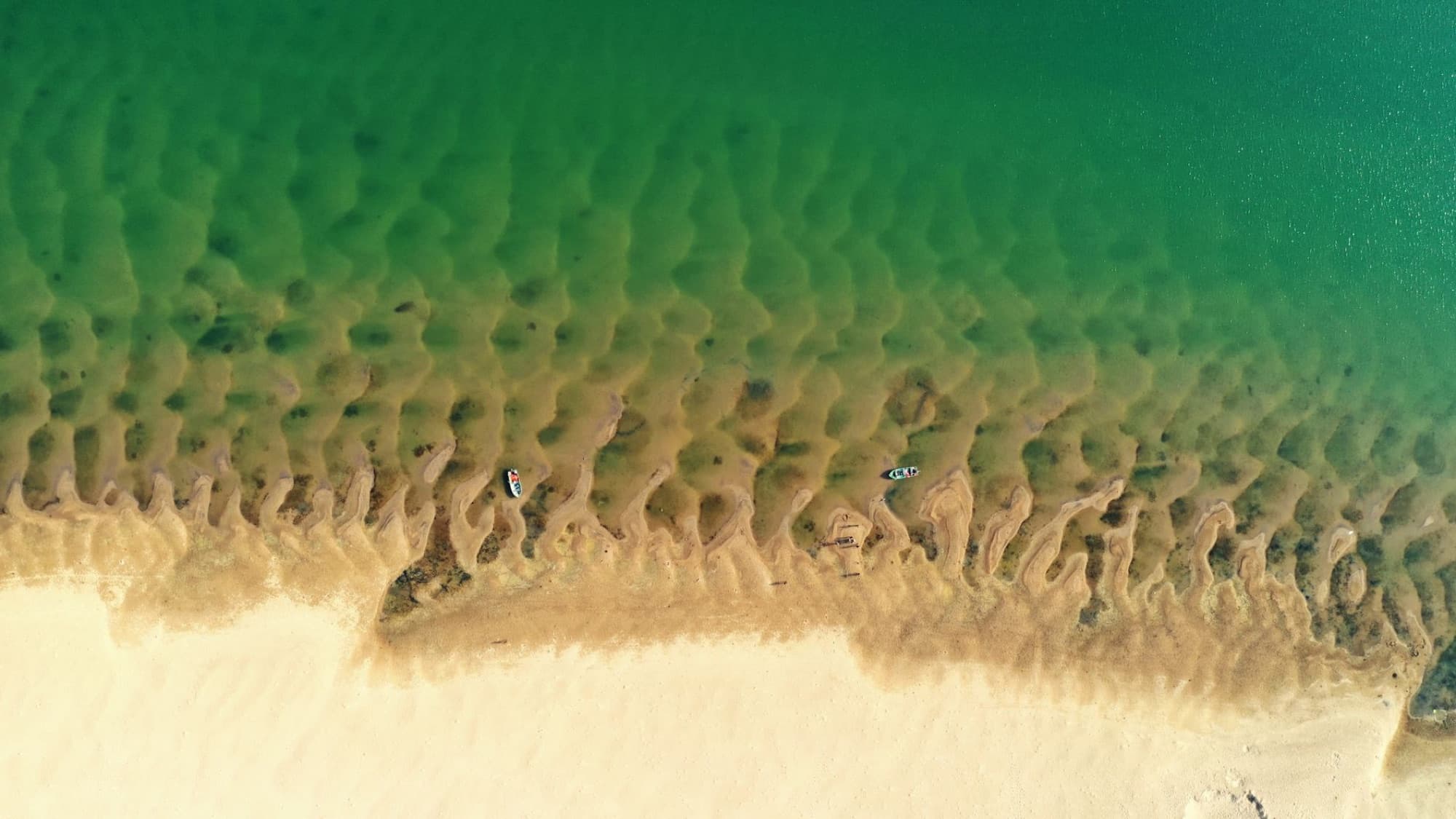 Aerial shot of a serene beach in India showing rippling sand patterns along the coast.