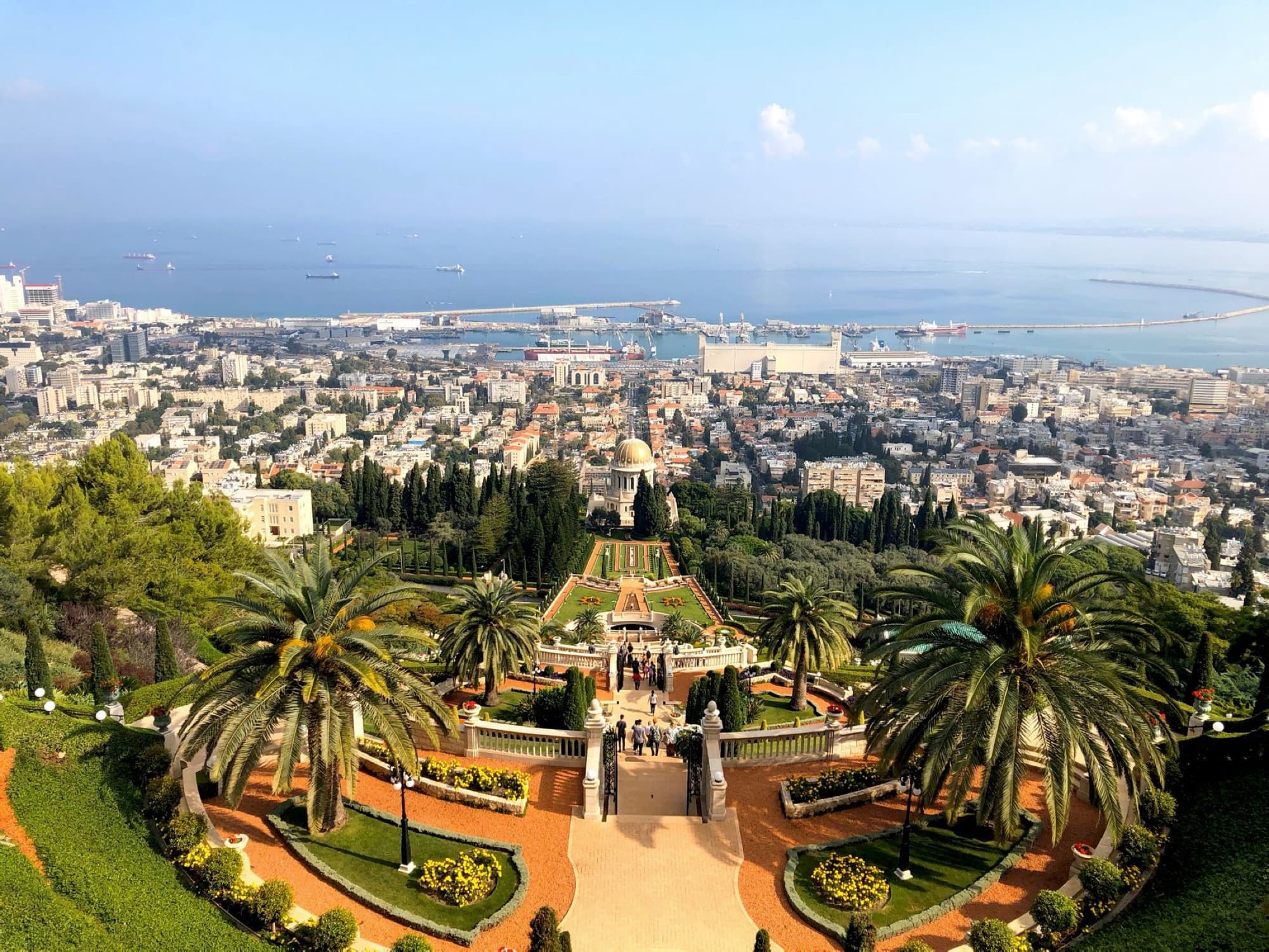 Aerial view of Baha'i Gardens overlooking the city of Haifa and the Mediterranean Sea.
