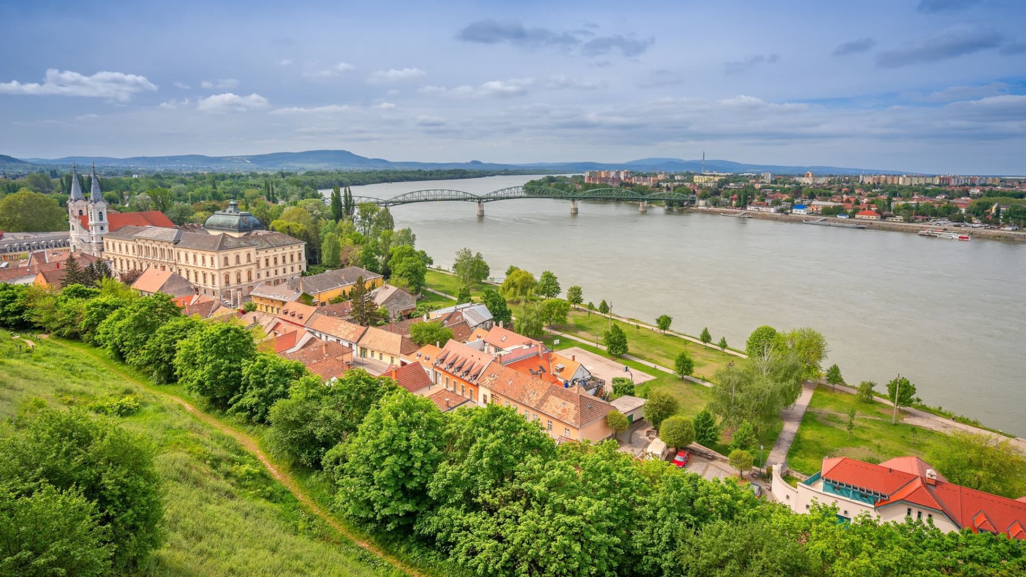 Stunning aerial view of Esztergom with its historic buildings by the Danube River in Hungary.