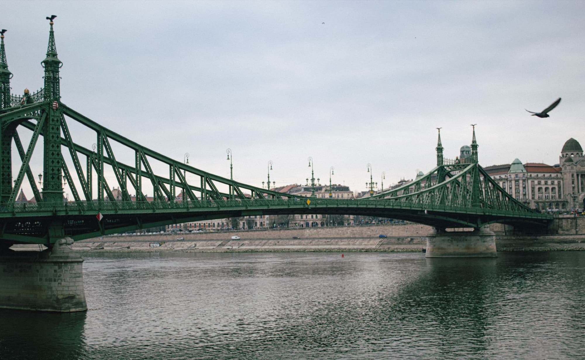 Scenic view of Liberty Bridge spanning the Danube River in Budapest, Hungary.