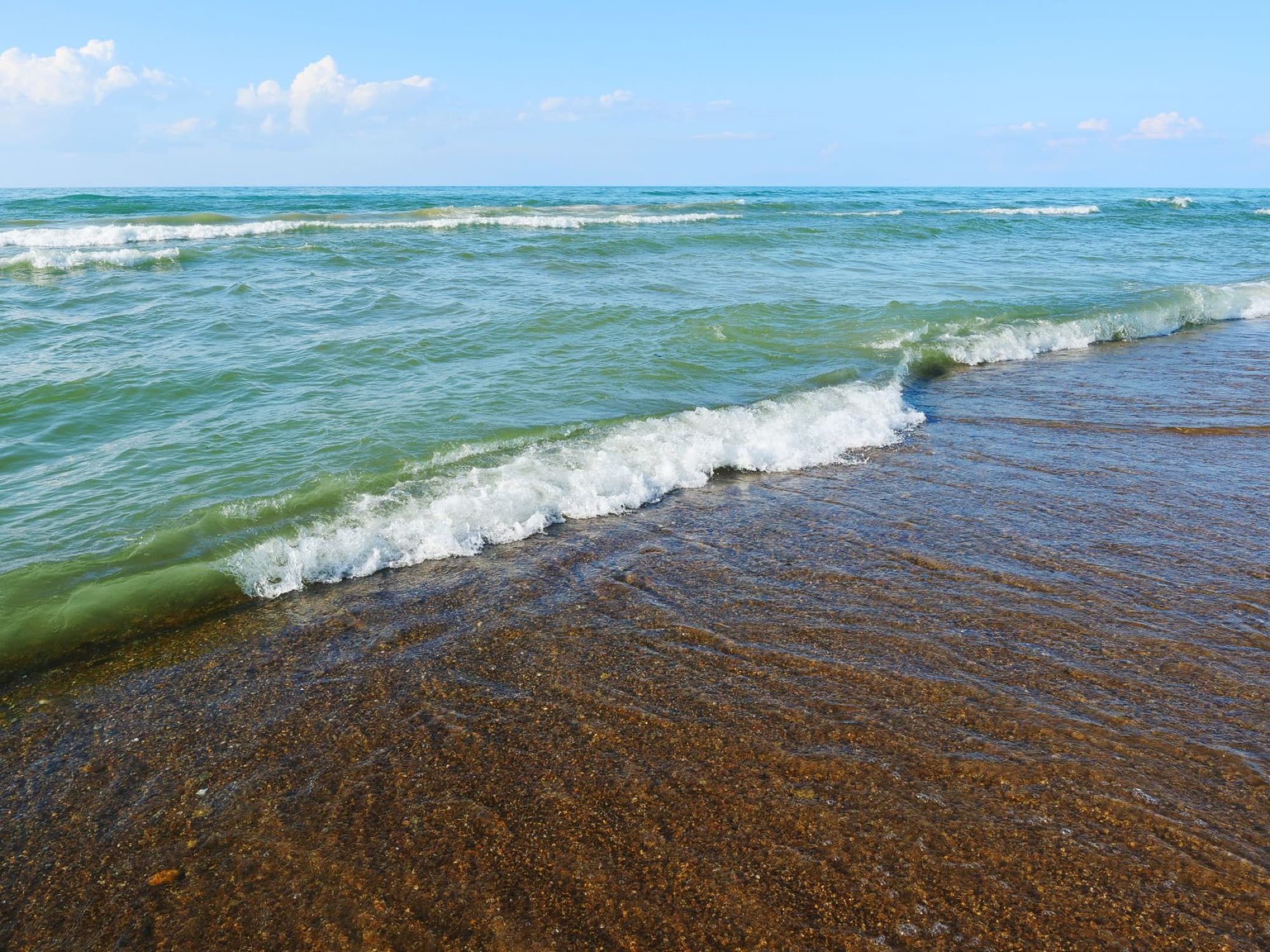 Tranquil scene of waves at Lake Michigan shoreline in Portage, Indiana, USA.