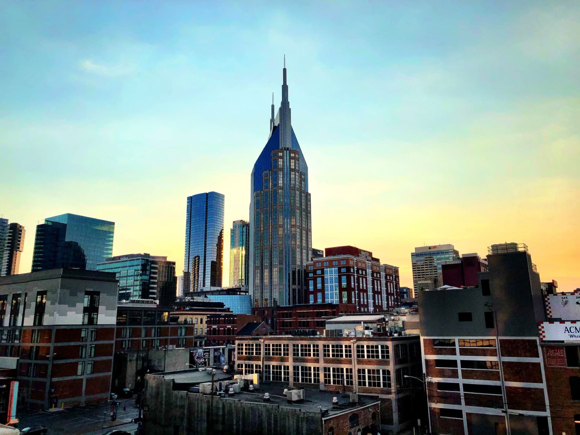 Captivating view of Nashville's skyline featuring the iconic AT&T Building during sunset.
