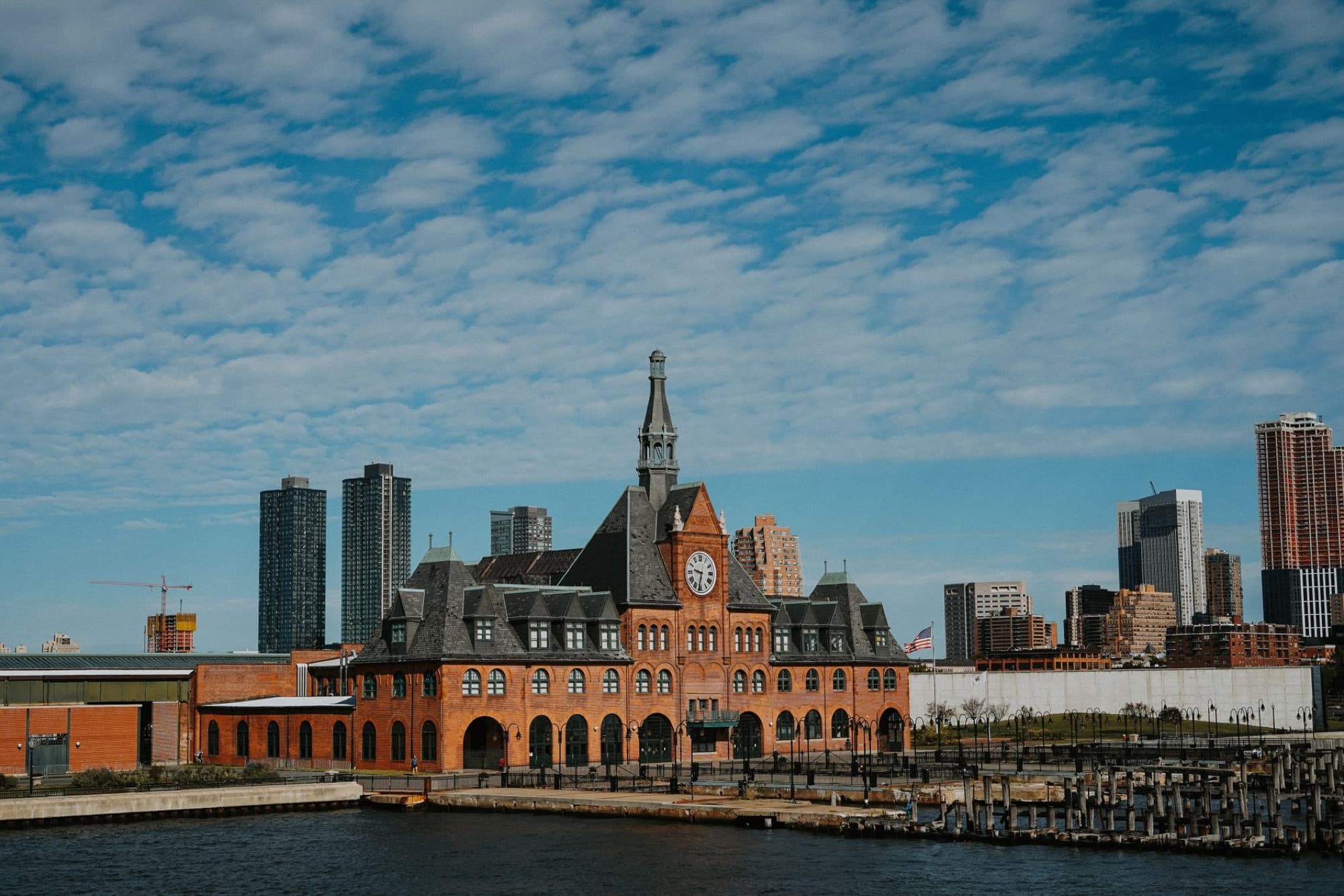 Scenic view of the historic Central Railroad of New Jersey Terminal with modern skyline in Jersey City.