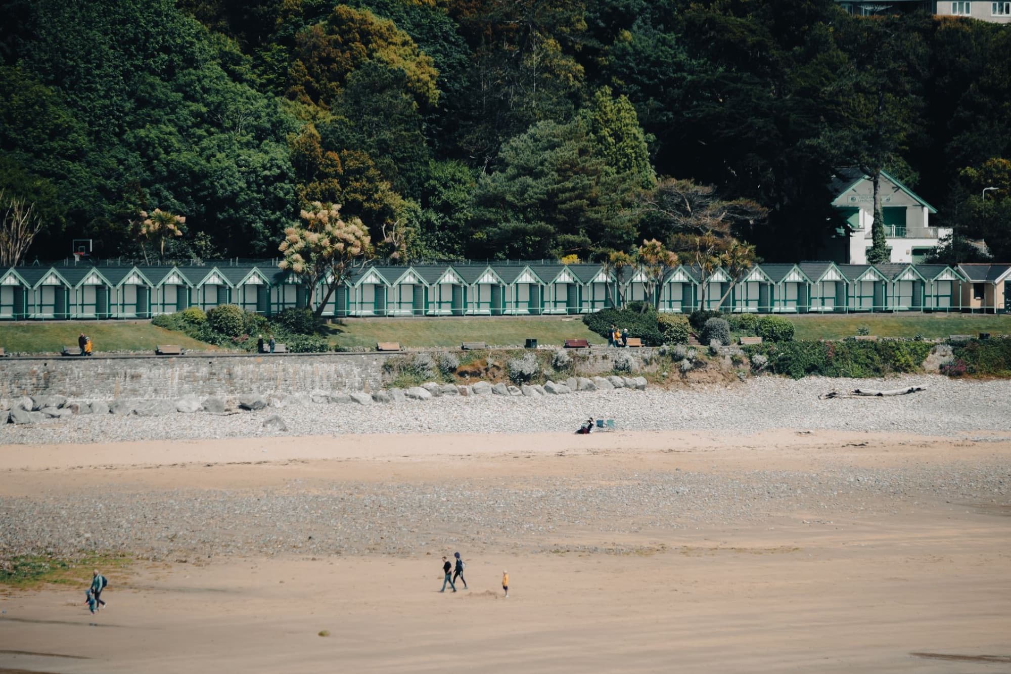 Scenic aerial view of beachfront cottages along a sandy and rocky shore, surrounded by lush greenery.