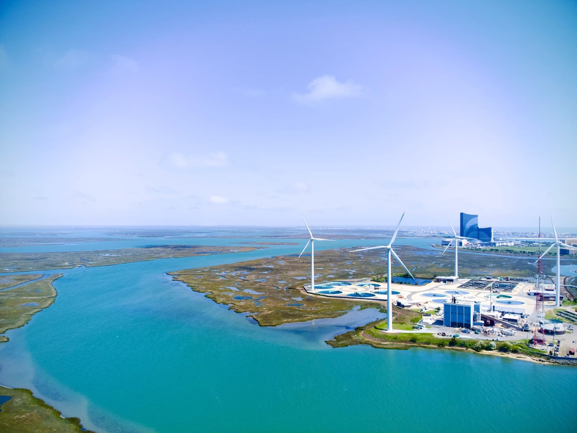 Aerial shot of Atlantic City wind turbines generating renewable energy.