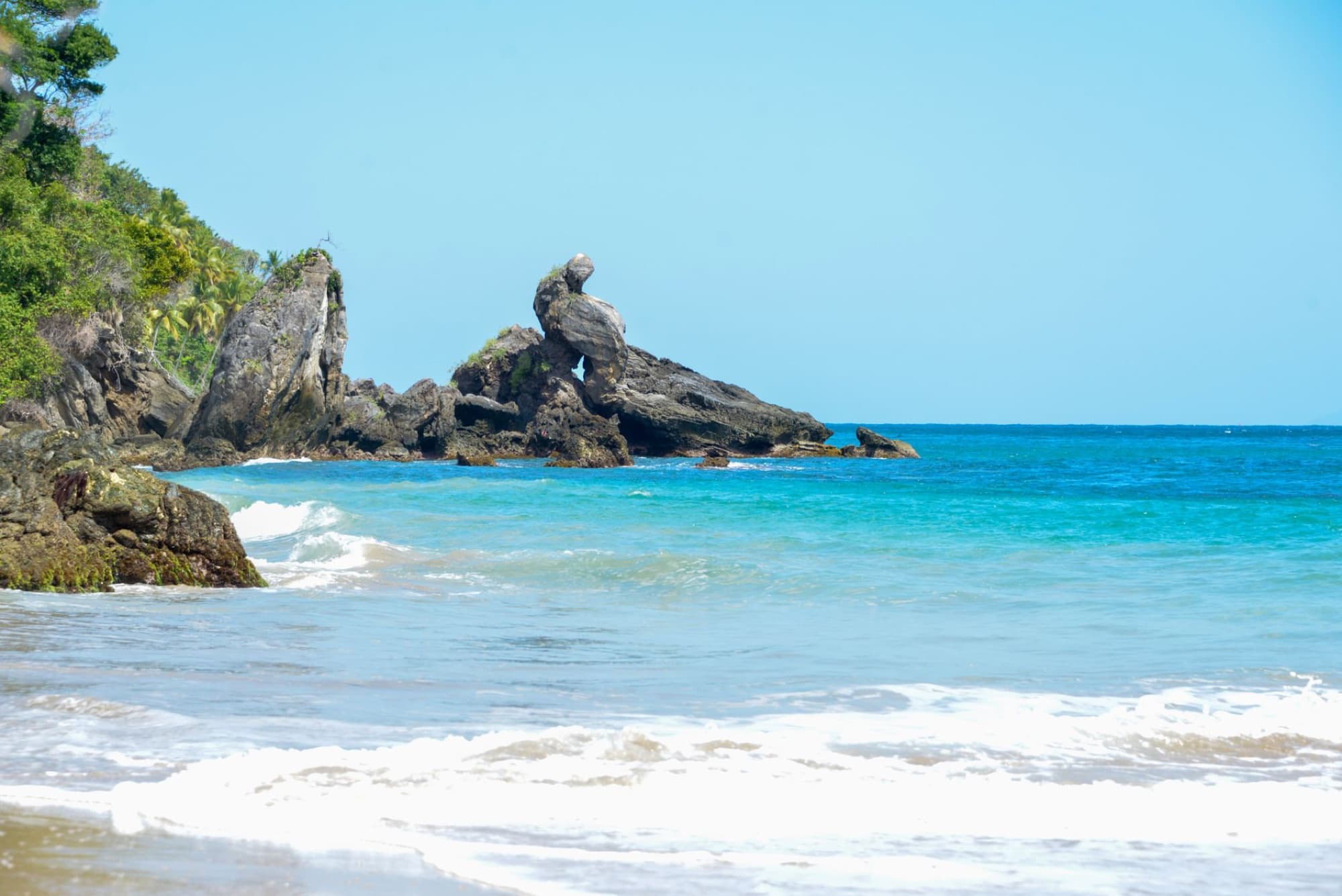 Explore the serene beach and stunning rocky cliffs of Samaná's coastline in the Dominican Republic.