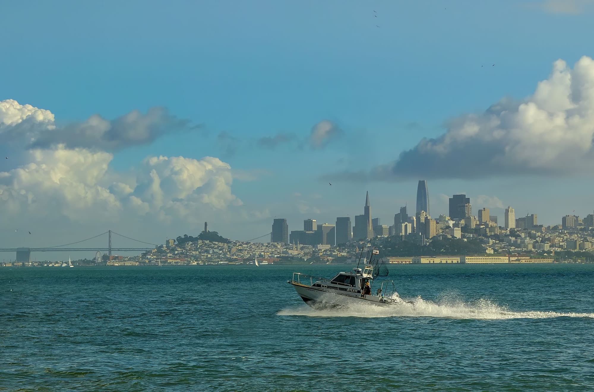 A speedboat racing across San Francisco Bay with the iconic city skyline in the background under clear skies.