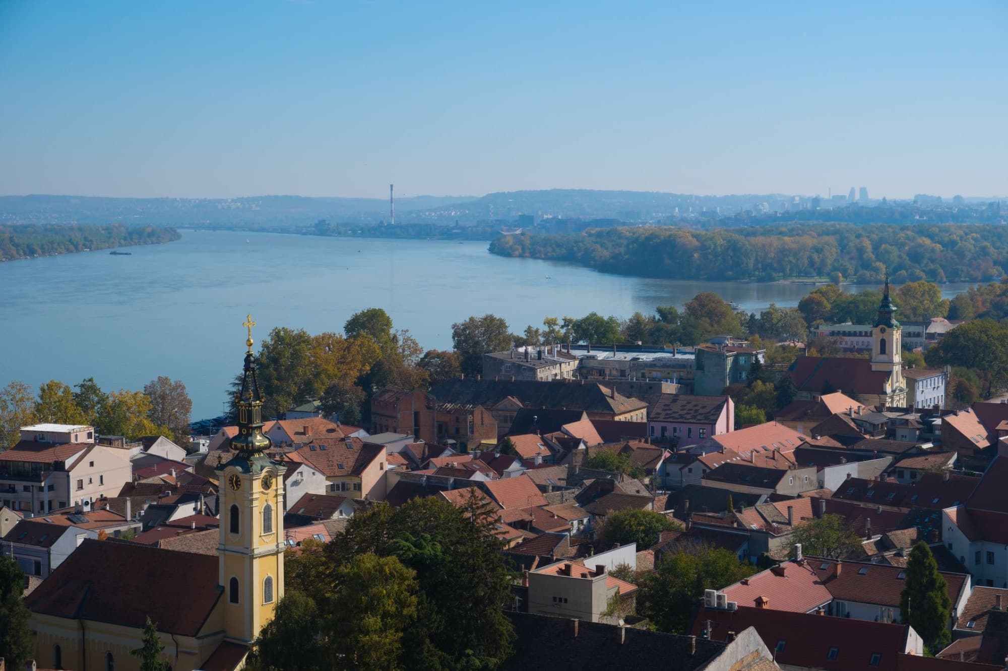 Aerial view of Danube river with a picturesque cityscape in Belgrade, Serbia.