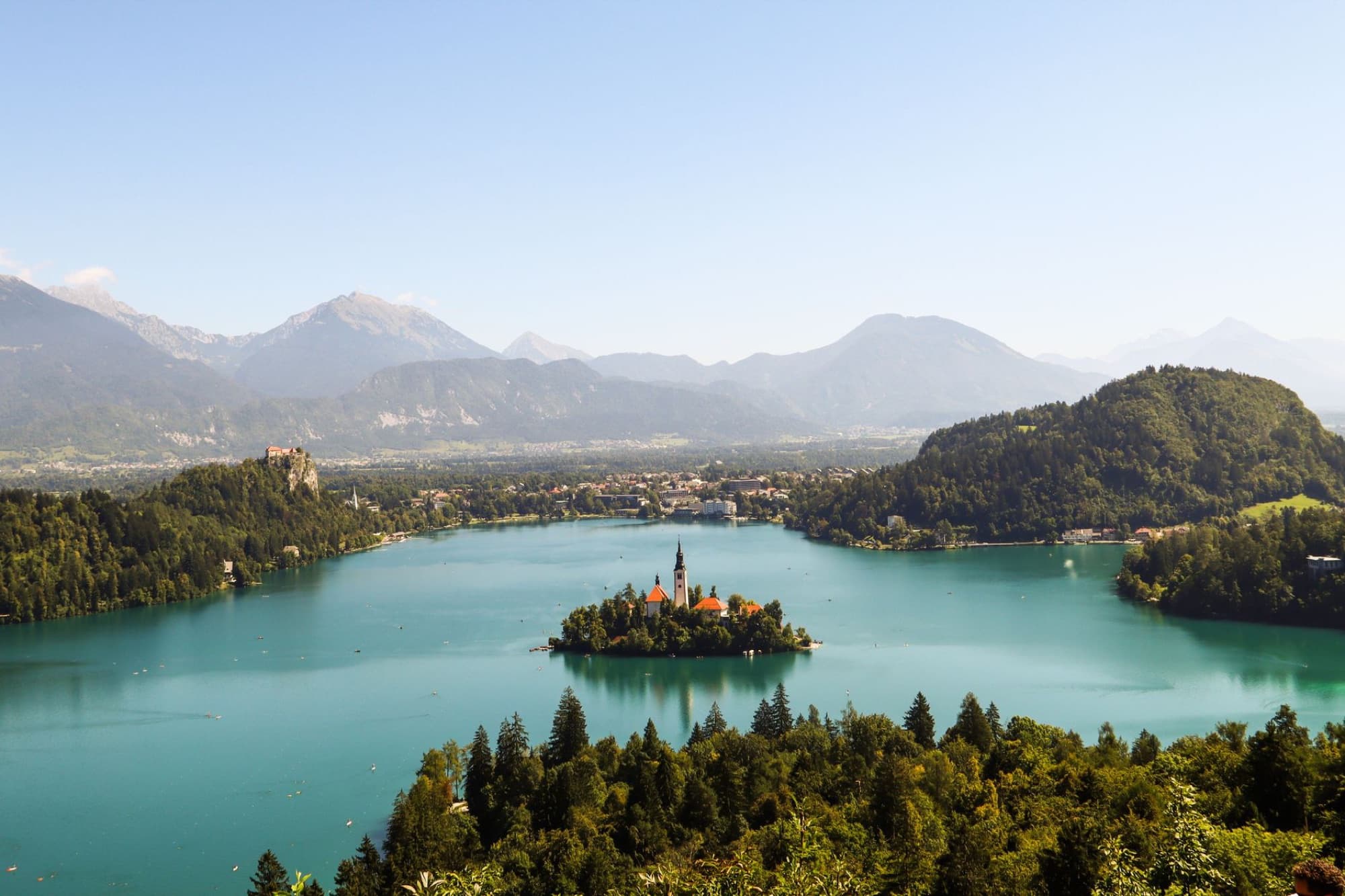 Scenic aerial view showcasing the beauty of Lake Bled and its iconic island in Slovenia. A natural paradise.