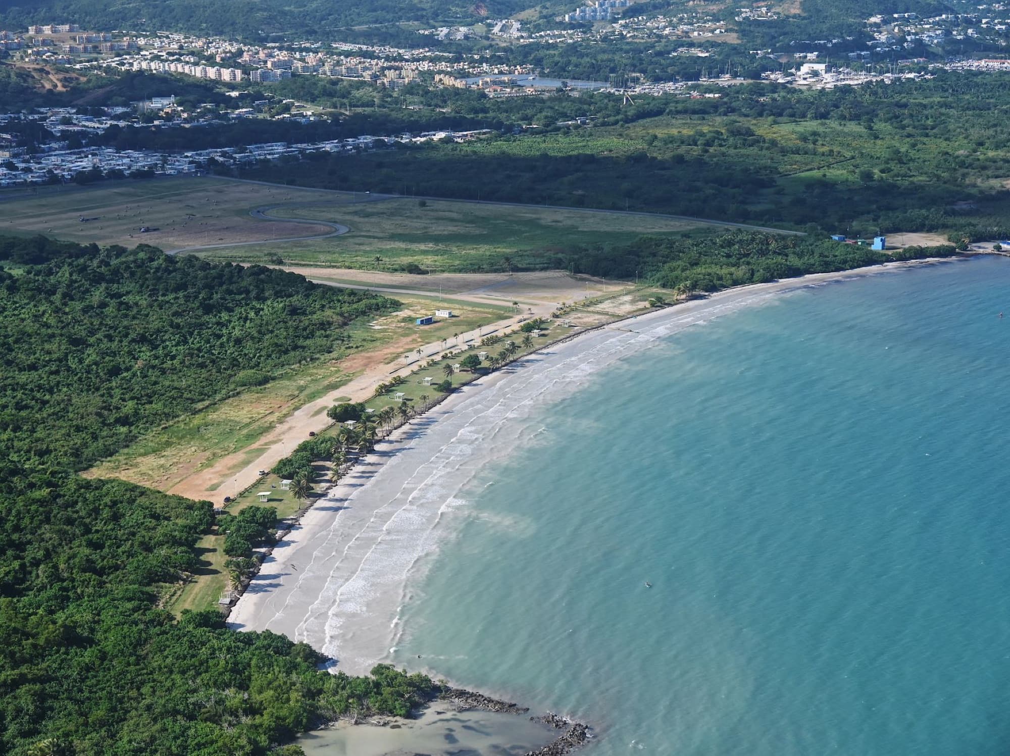 Stunning aerial view of a coastline with sandy beach, lush forest, and urban area.