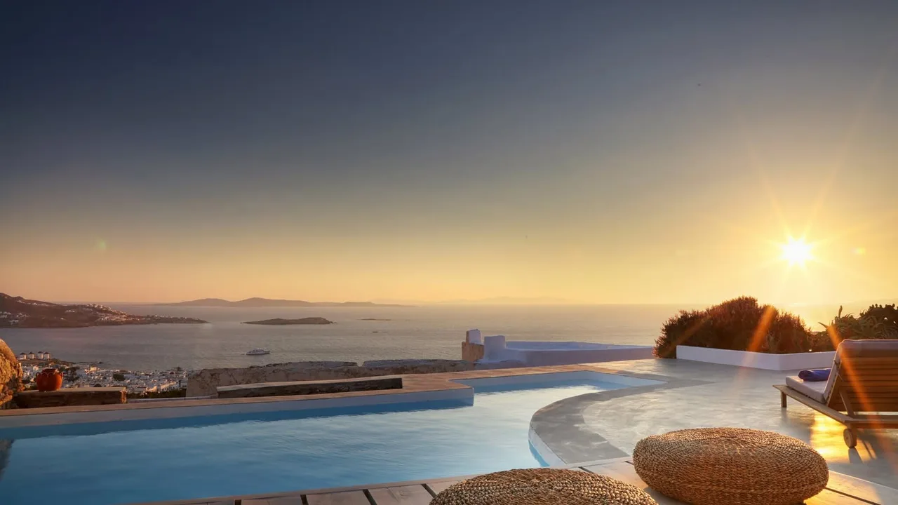 Deluxe Mykonos Villa mit Postkarten-ähnlichen Sonnenuntergangsblicken